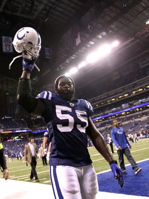 Indianapolis Colts linebacker Clint Session (55) reacts to the win. The Indianapolis Colts defeated the Houston Texans 30-17 at Lucas Oil Stadium on Monday Night Football on Monday night, November 1, 2010. Sam Riche  / The Star