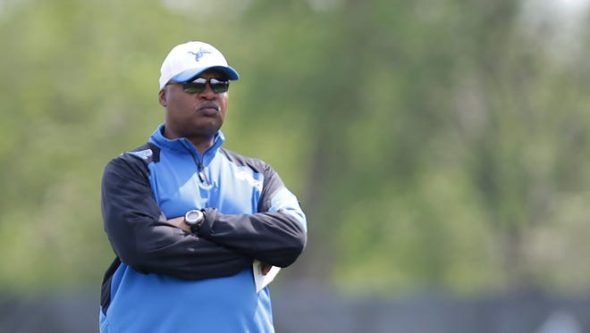 Detroit Lions head coach Jim Caldwell looks on during Lions rookie minicamp May 8, 2015, at the Lions' training facility in Allen Park.