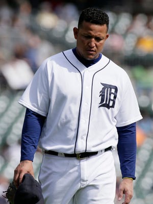 Tigers first baseman Miguel Cabrera walks to first base after flying out to end the fifth inning of the Tigers' 5-1 loss Thursday at Comerica Park.