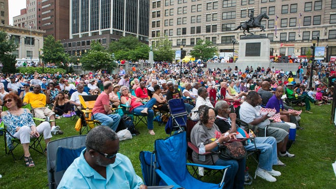 Crowns gather in Rodney Square to hear the Danilo Perez Trio perform at the 2017 Clifford Brown Jazz Festival.
