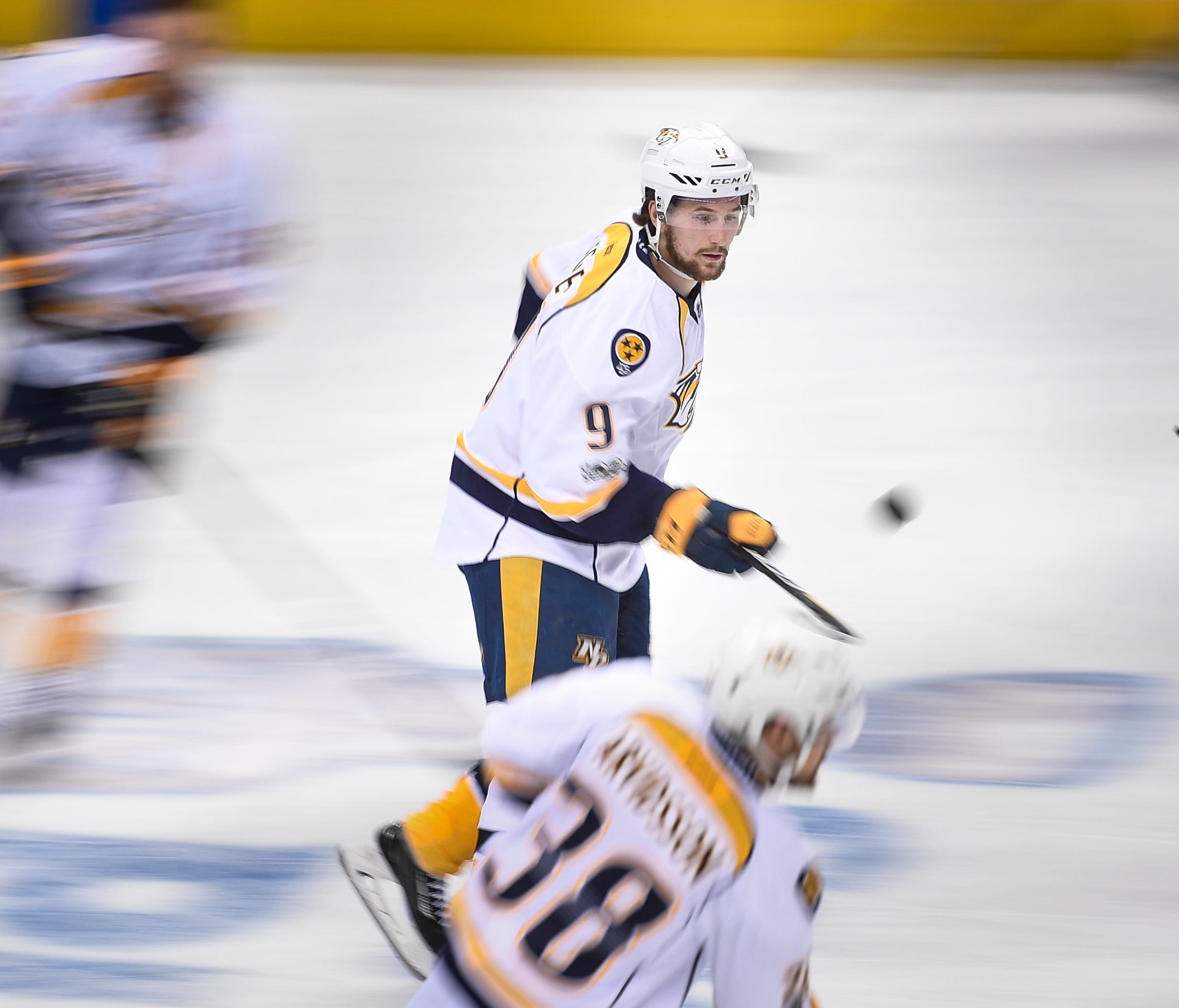 Nashville Predators left wing Filip Forsberg (9) skates across the ice with the puck as he warms up before game 1 of the Western Conference finals against the Anaheim Ducks at the Honda Center in Anaheim, Calif., Friday, May 12, 2017.
