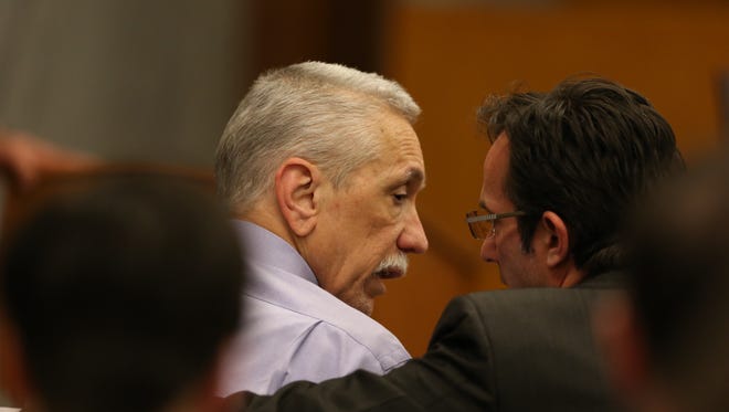 Mike Sperou, left, attends his trial Thursday, April 30, 2015, in Portland, Ore. Sperou is on trial on sex abuse charges. Sperou, 64, who leads the North Clackamas Bible Community, has been charged with three counts of first-degree sexual penetration of a person under the age of 12. If convicted on all counts, he would face a mandatory minimum sentence of eight years and four months in prison. (Randy L. Rasmussen/The Oregonian via AP) MAGS OUT; TV OUT; NO LOCAL INTERNET; THE MERCURY OUT; WILLAMETTE WEEK OUT; PAMPLIN MEDIA GROUP OUT
