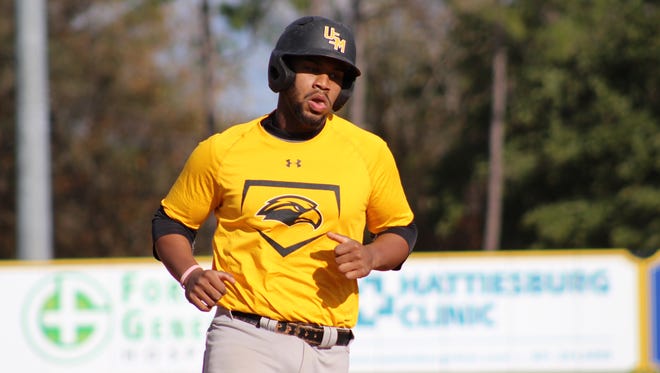 Southern Miss catcher Chuckie Robinson rounds the bases after hitting a home run during a recent preseason intrasquad scrimmage at Pete Taylor Park.