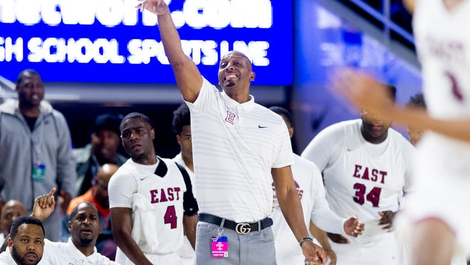 Memphis East Head Coach Penny Hardaway gestures during a Division I Class AAA semifinals game between Bearden and Memphis East at the TSSAA boys state basketball championships at the Murphy Center in Murfreesboro, Tennessee on Friday, March 16, 2018.
