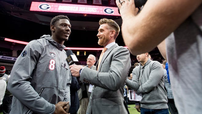 Georgia wide receiver Riley Ridley (8) is interviewed during the Georgia Media Day for the College Football Playoff in Atlanta, Ga., on Saturday January 6, 2018. Ridley is Alabama wide receiver Calvin Ridley's brother. (Mickey Welsh / Montgomery Advertiser)