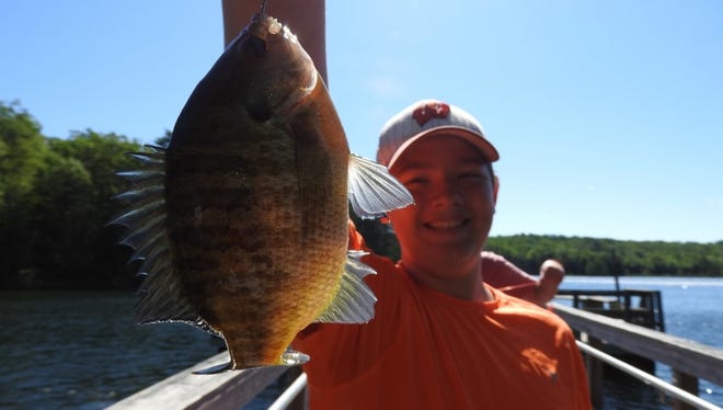 Bode Rasmussen shows of his catch. Plentiful bluegills kept the boys busy for hours.