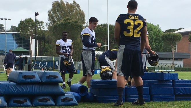 Michigan football took to the practice field Thursday in Rome. Yes, those are rugby uprights because the Wolverines practiced on a rugby field.