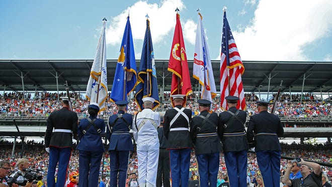 The presentation of the colors before the 100th running of the Indianapolis 500, Indianapolis Motor Speedway, Sunday, May 29, 2016. 