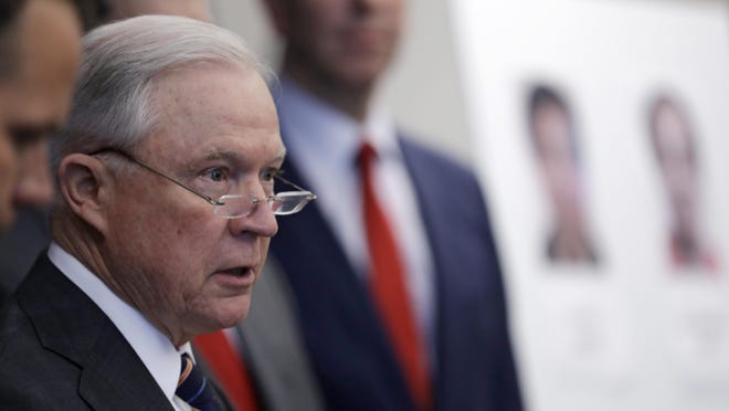 U.S. Attorney General Jeff Sessions speaks during a news conference regarding the country's opioid epidemic, Wednesday, Aug. 22, 2018, in Cleveland. (AP Photo/Tony Dejak)