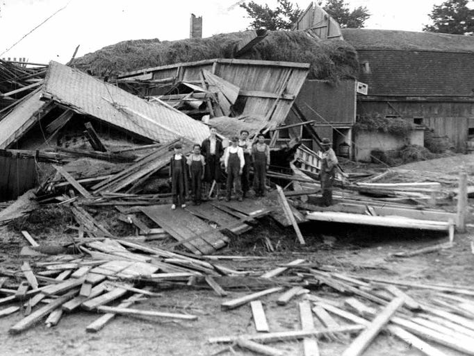 This 1932 photo shows the damage caused when a tornado