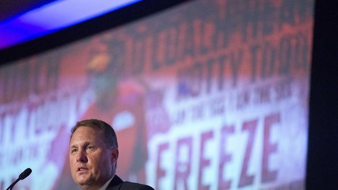Mississippi coach Hugh Freeze speaks to the media at the SEC Media Days Thursday in Hoover, Alabama.