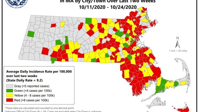A map from the Massachusetts Department of Public Health shows Hingham is still in the "red" zone for COVID-19 transmission.