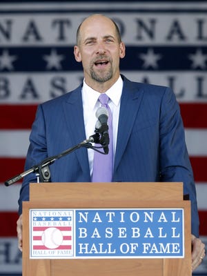 National Baseball Hall of Fame inductee John Smoltz speaks during an induction ceremony at the Clark Sports Center on Sunday in Cooperstown, N.Y.