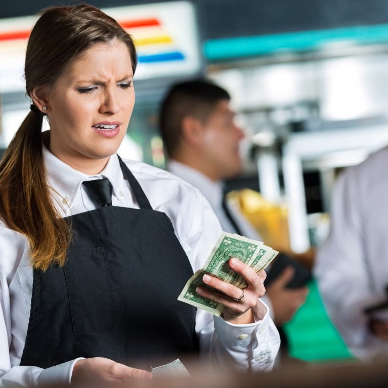 3. Undertipping     Speaking of bigger tips: Some restaurants now figure a service charges into their prices so that servers and other personnel can be guaranteed a decent salary. In most places, though, restaurant servers work for far less than minimum wage, with the shortfall theoretically made up for by tips. Nothing is more petty for a diner than to nickel-and-dime those who have served the meal. Don't be stingy, even if you have   complaints about the service. If you're the one sitting at the table, chances are pretty good the server needs that extra couple of bucks more than you do. (If you have a truly bad experience with service, leave a minimal tip â€" say 10% â€" and let the manager know.)