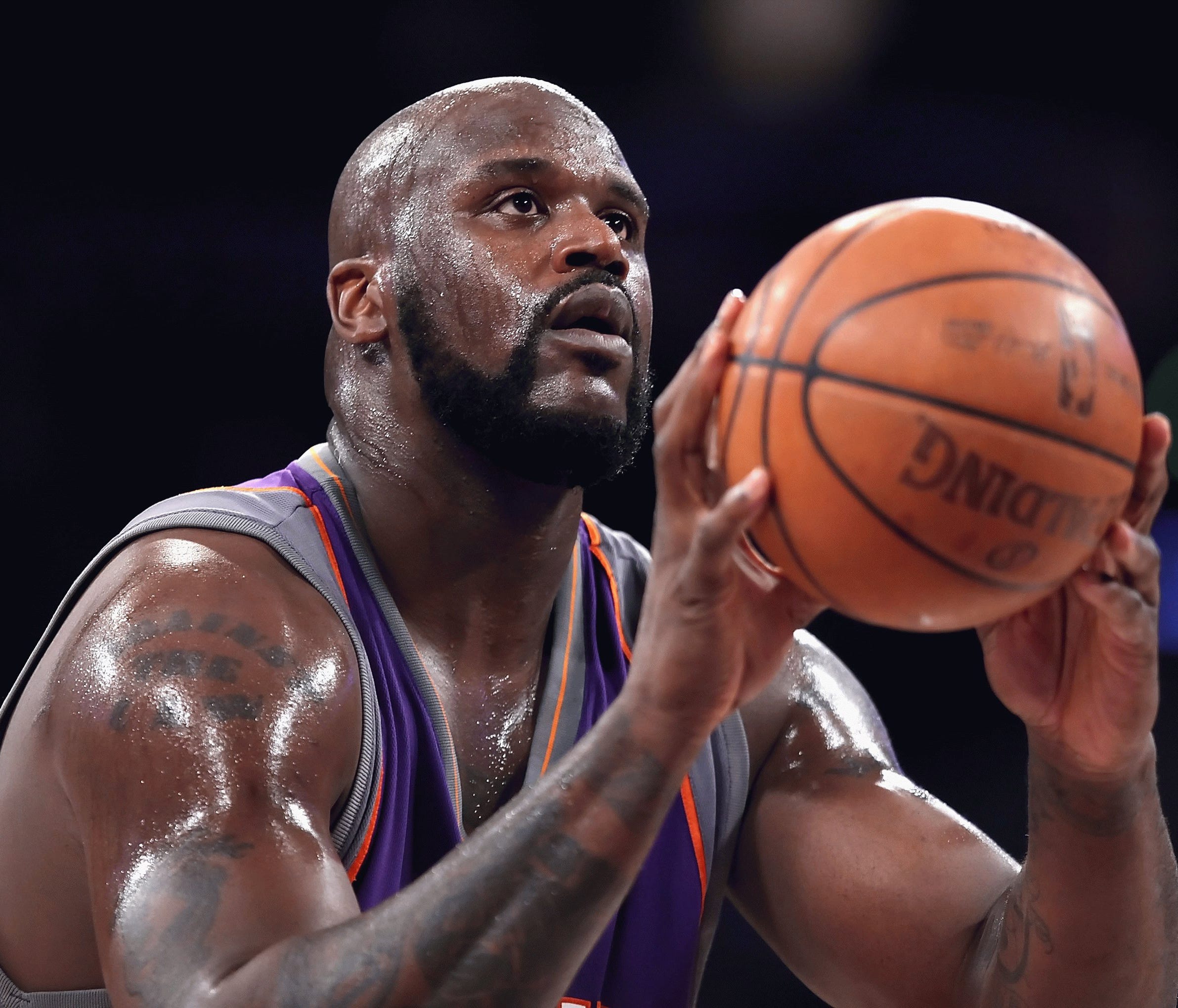 LOS ANGELES, CA - FEBRUARY 26:  (FILE PHOTO) Shaquille O'Neal #32 of the Phoenix Suns shoots a free throw shot during the NBA game against the Los Angeles Lakers at Staples Center on February 26, 2009 in Los Angeles, California.    The Lakers defeate