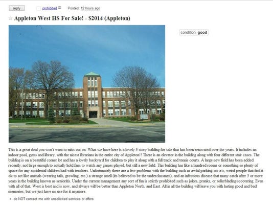 Senior prankster lists Appleton West for sale on Craigslist