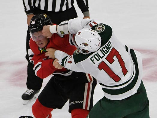 Oct. 12: Minnesota Wild left wing Marcus Foligno (17)