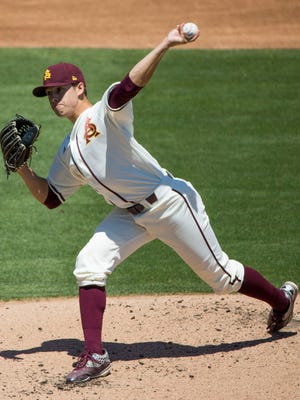 ASU's Zach Dixon (6) pitches in the first inning against California at Phoenix Municipal Stadium on April 17, 2016 in Tempe, Ariz. 
