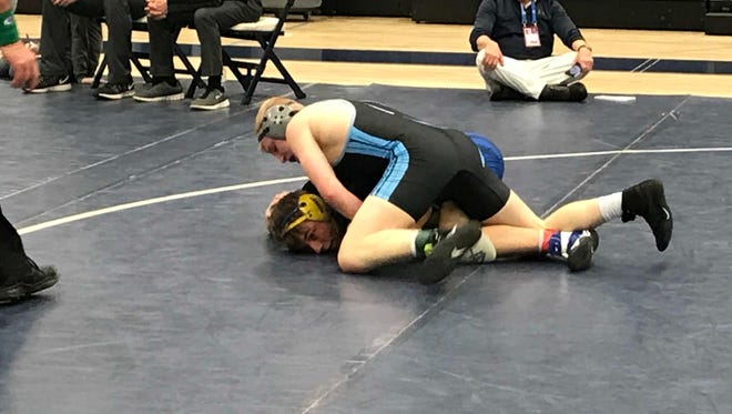 River Valley freshman Hadyn Danals, top, competes at this year's Mid Ohio Athletic Conference Tournament in Galion. Danals won the 145-pound sectional title in Division II over the weekend at Licking Valley.