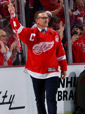 Former Red Wings captain Steve Yzerman is introduced after the team's final game at Joe Louis Arena.