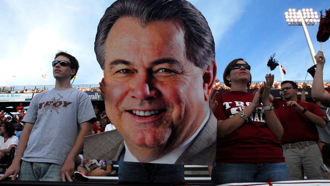 Fans hold a poster of Troy coach Larry Blakeney in the stands as Troy plays Bowling Green at Troy, Ala., Saturday, Sept. 4, 2010. (Montgomery Advertiser, David Bundy)