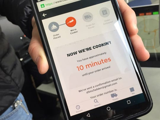 Clustertruck's free app tells you how long before a delivery person arrives with your order. You meet him or her outside as you would an Uber.