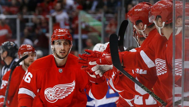 Detroit Red Wings right wing Tomas Jurco (26) celebrates his goal against the New York Islanders in the first period of an NHL hockey game Saturday, Feb. 6, 2016 in Detroit.