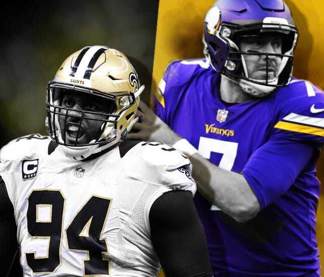 Saints DE Cam Jordan (94) will be in pursuit of Vikings QB Case Keenum on Sunday afternoon.