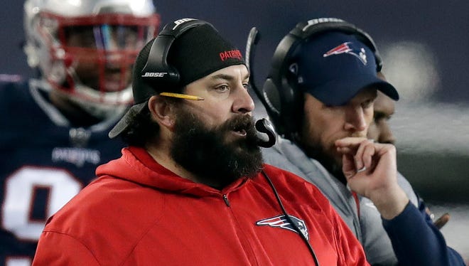 Matt Patricia watches the second half of the AFC championship game against the Jaguars on Jan. 21, 2018 in Foxborough, Mass. The Patriots won, 24-20.