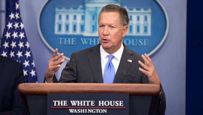 Ohio Gov. John Kasich speaks during a news conference following a meeting on the Trans-Pacific Partnership with President Obama and business, government and national security leaders at the White House on Sept. 16, 2016.