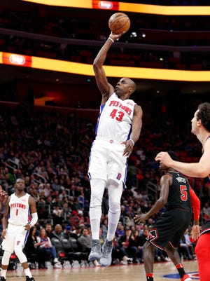 Pistons forward Anthony Tolliver takes a shot during the second quarter against the Bulls at Little Caesars Arena on Saturday.