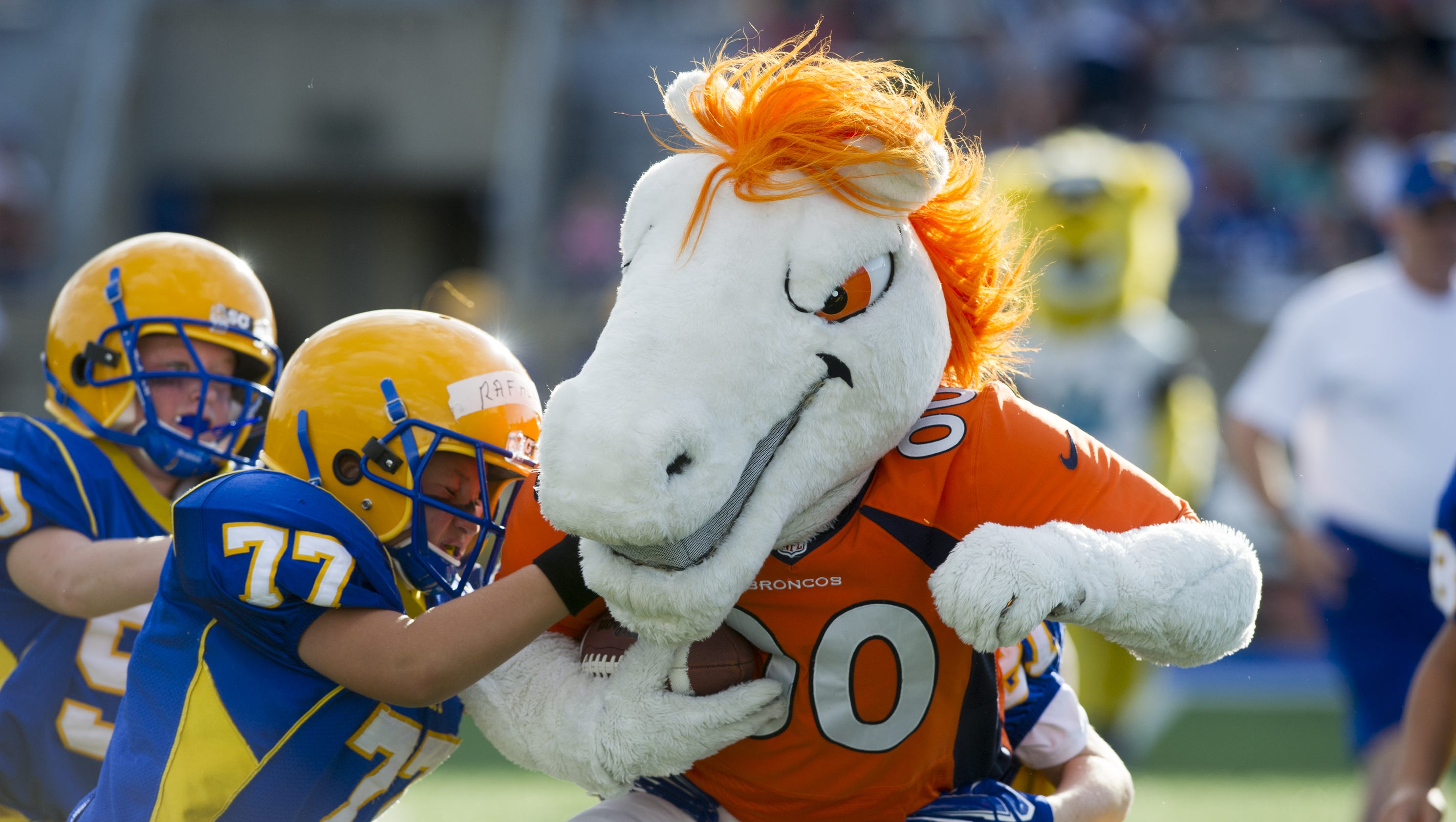 Mascots vs. peewees at Carmel High School