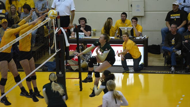 CSU's Adrianna Culbert fires an attack in Tuesday's game at Wyoming.