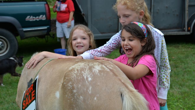From left to right: Alana Wood, 7, Cora Wood, 9 and Ella Sitrin, 7, pet a pony at America's Birthday Celebration on Sunday, July 3, 2016.