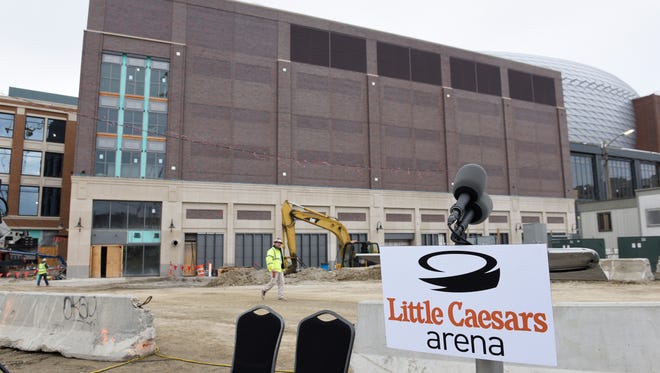 Exterior photo of the construction of Little Caesars Arena.