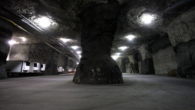 30-foot-by-30-foot pillars fold up the ceiling in the 2.2 million square foot underground storage facility in the Springfield Underground.
