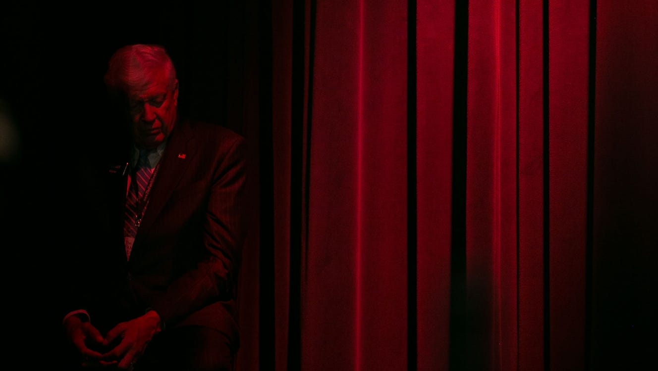 Foster Friess sits backstage during the Family Leadership Summit in Ames on Saturday, July 18, 2015.