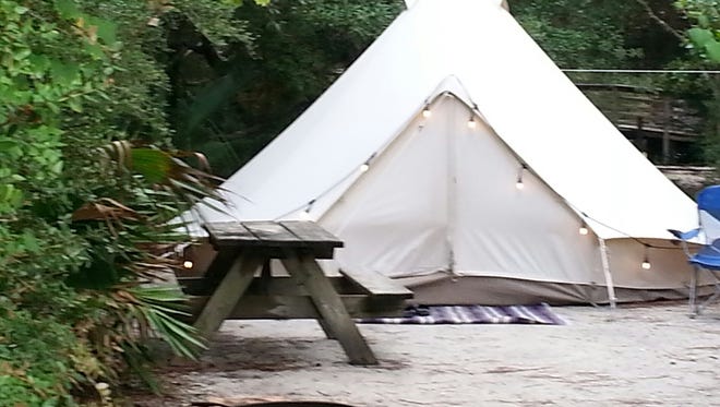 Two bell tents are available for rent from Glamping Hub at both Grayton Beach State Park and Topsail Hill State Preserve. Twin Lakes Camp Resort has just completed the installation of seven luxury glamping tents.