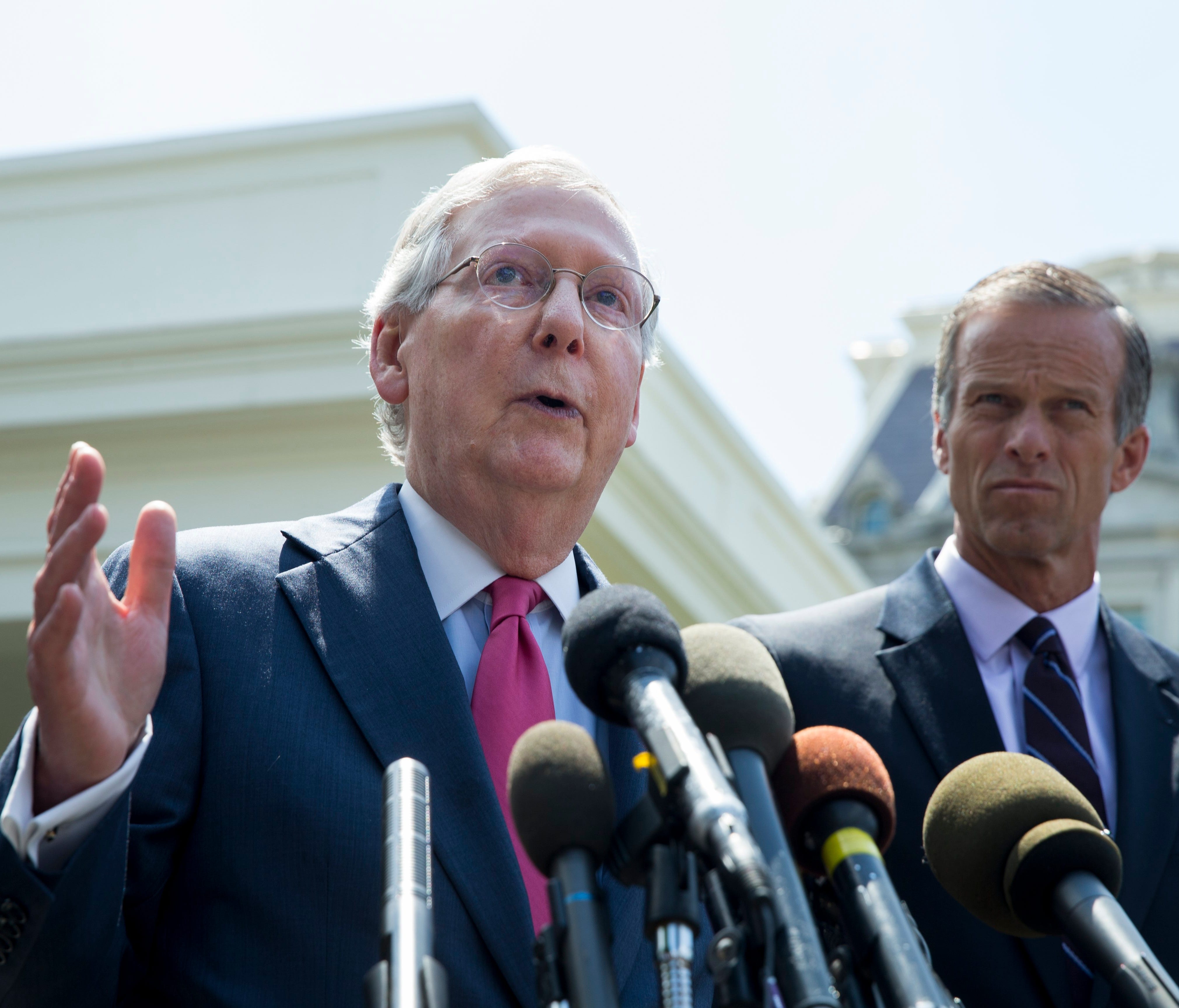 Senate Majority Leader Mitch McConnell delivers remarks on health care to members of the news media following a lunch with President Trump outside the West Wing of the White House on July 19, 2017.