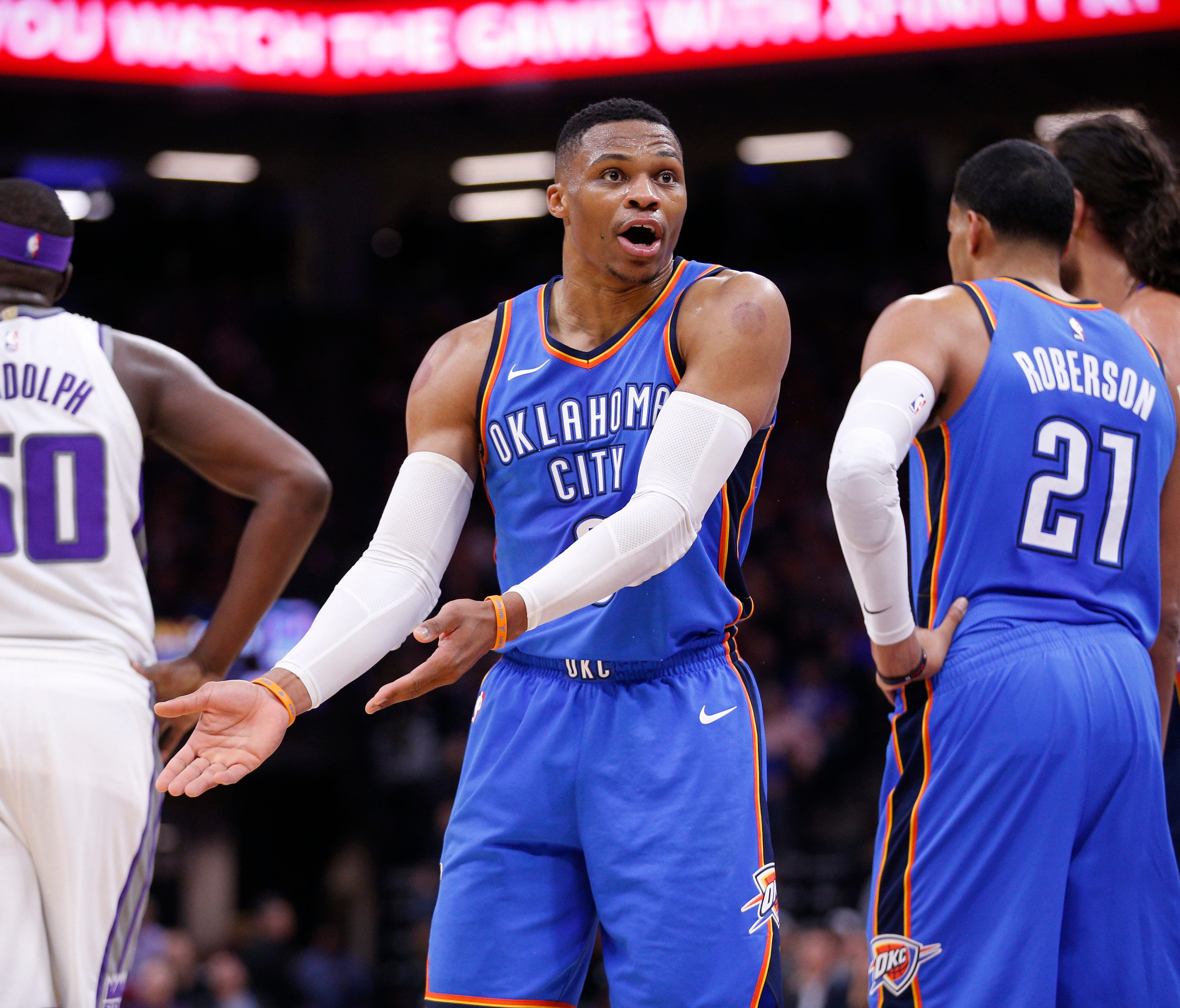 Oklahoma City Thunder guard Russell Westbrook (0) talks to a referee after a play against the Sacramento Kings in the third quarter at Golden 1 Center.