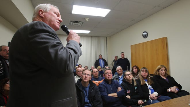 Clarkstown schools Superintendent J. Thomas Morton discusses a district demographic report during a community Q&A in an overflow meeting room Thursday.