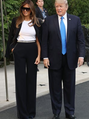 Melania wore a casual pantsuit while boarding Marine