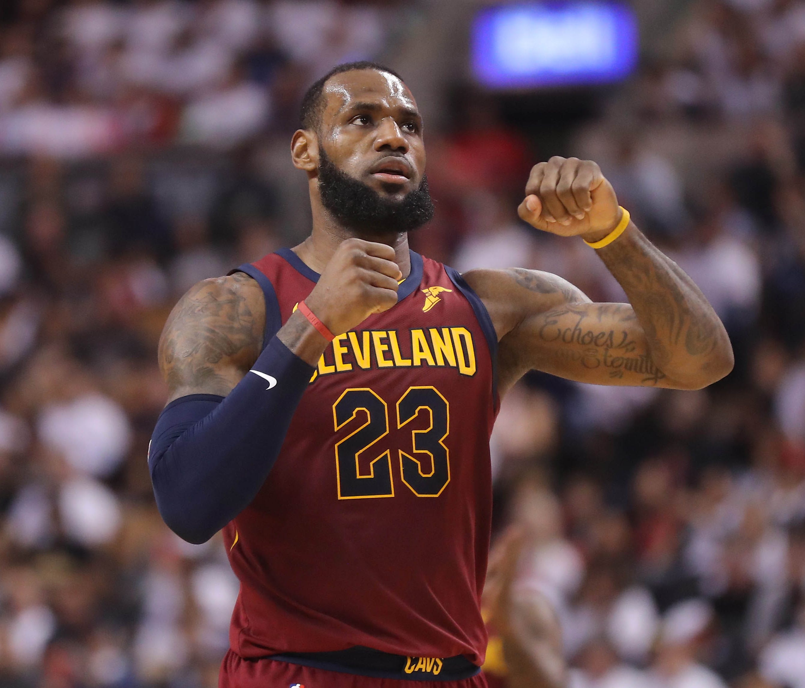 Cleveland Cavaliers forward LeBron James (23) celebrates after making a basket against the Toronto Raptors in game two of the second round of the 2018 NBA Playoffs at Air Canada Centre.