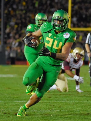 Oregon running back Thomas Tyner scores against Florida State on Jan. 1 in the Rose Bowl. The Ducks face Ohio State tonight.