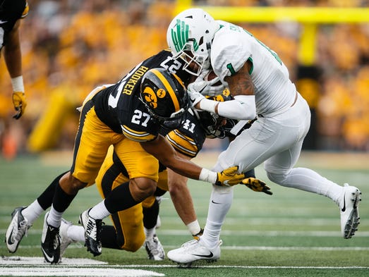 North Texas wide receiver Turner Smiley (1) is tackled