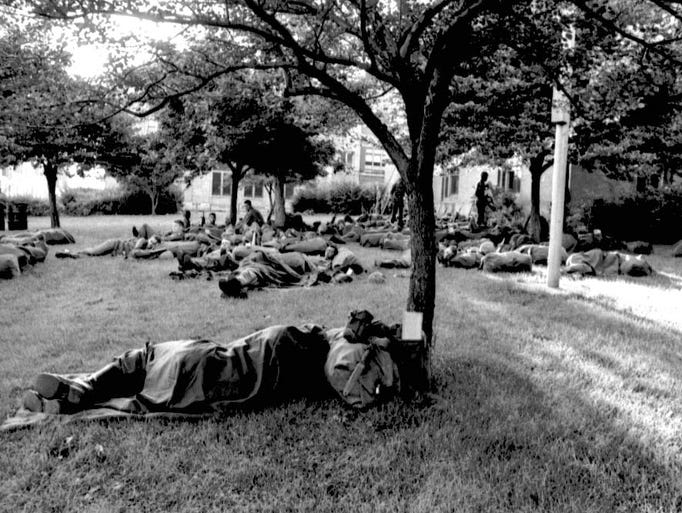 Federal troops catch some sleep on the lawn of Southeastern