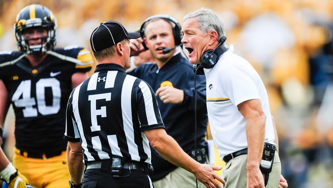 Oct 1, 2016; Iowa City, IA, USA; Iowa Hawkeyes head coach Kirk Ferentz reacts to a call during the second half against the Northwestern Wildcats at Kinnick Stadium.
