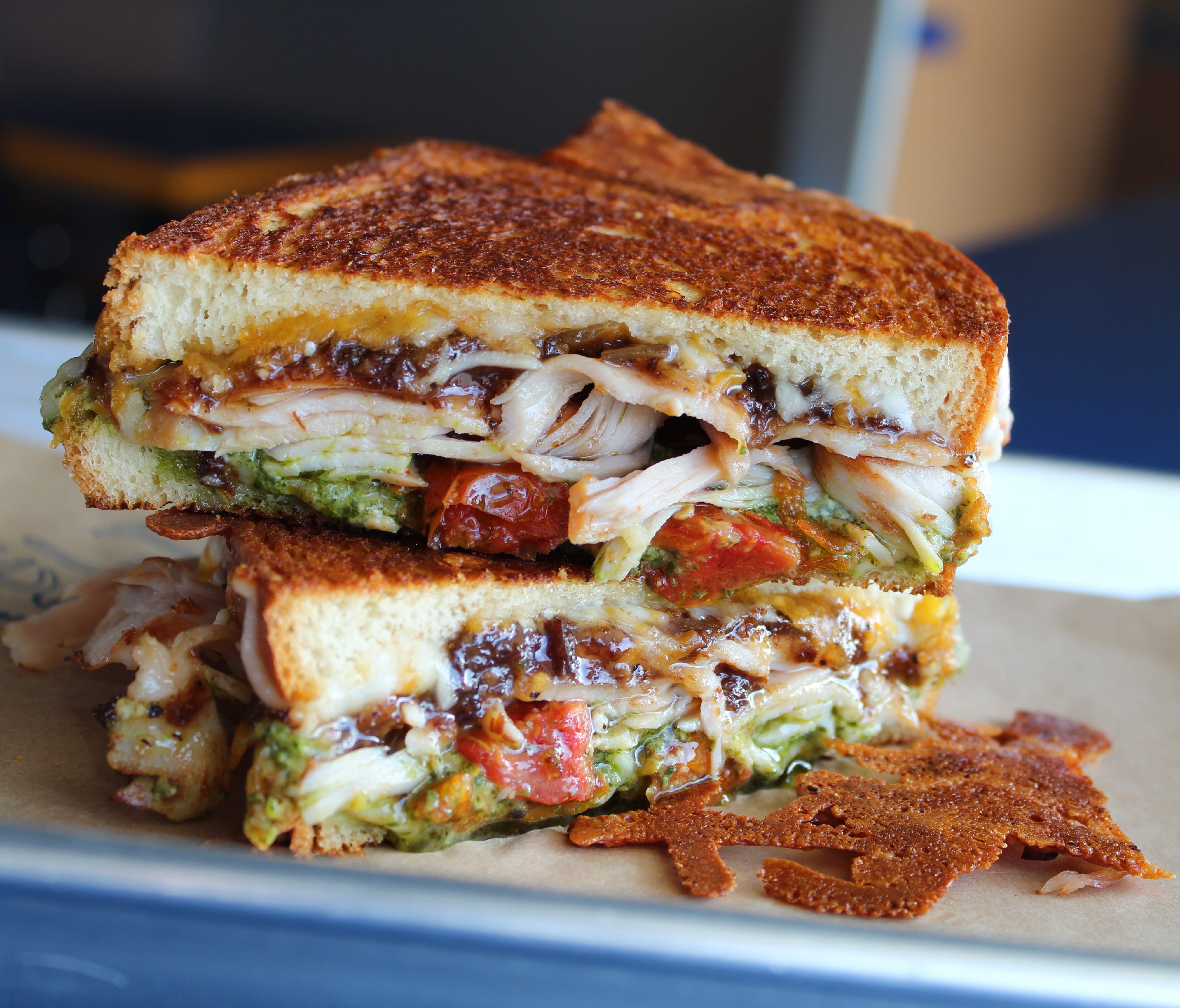 In Coeur d'Alene, Idaho, Meltz Extreme Grilled Cheese  makes big and bold sandwiches packed with ingredients that push the definition of grilled cheese to the limit. The We Be Jam'in is made with three cheeses -- mozzarella, Gorgonzola and white ched