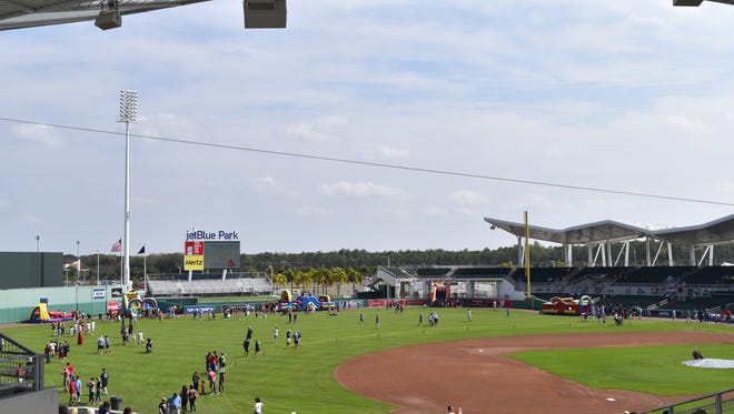 A view of the baseball field at Fort Myers' Jetblue Park. Hundreds of fans flocked to the park for a free, open house to watch Boston Red Sox players practice during spring training on Feb. 18, 2017.