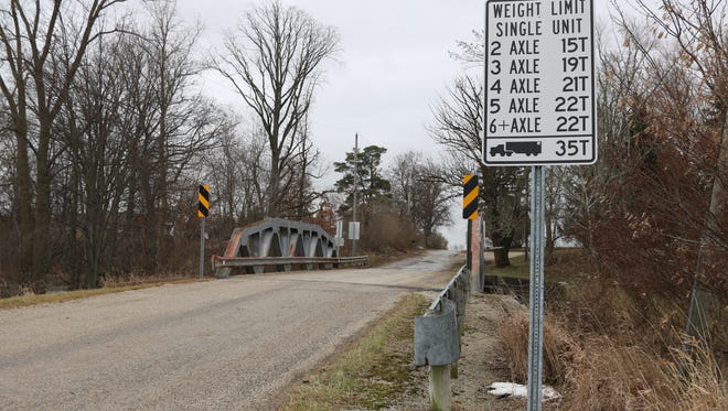 This bridge on Fulkert Road over Toussaint Creek, about a mile west of County Road 213, is listed as structurally deficient, requiring weight limits to be posted.